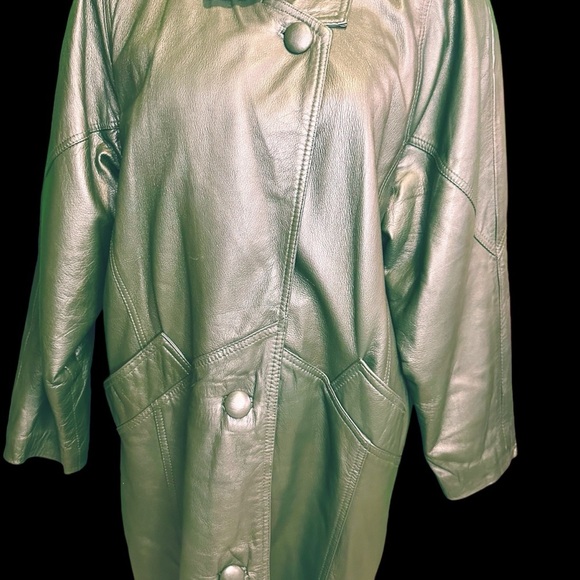 Synergy Vintage Y2K Forest Green 100% Leather Longline Button Front Coat Size L - Picture 13 of 16